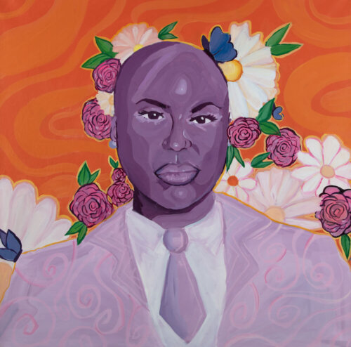 A stylized portrait of Congresswoman Ayanna Pressley with an orange background covered in flowers.