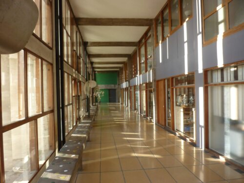 An interior hallway with concrete walls and wood paneling. There are windows into little shops on one side and windows to the outdoors on the other side.