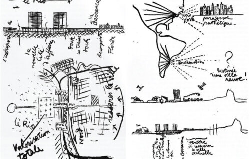 A sketch with several different images. There is an outline of North and South America, sketches of a city center and elevation descriptions.