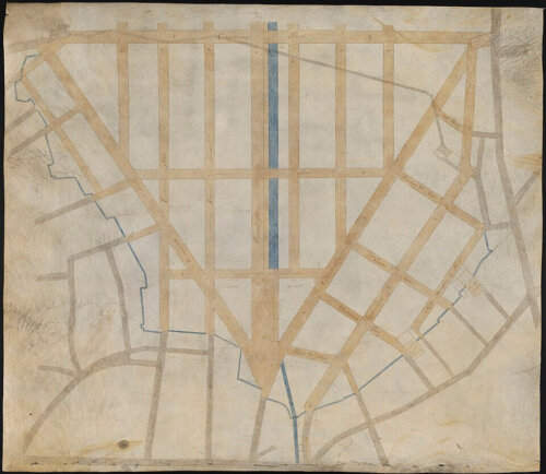 A street map from above showing a triangle shaped street pattern with a blue line in the center marking a canal.