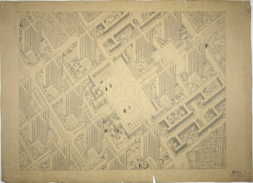 An architectural sketch of many talk cross shaped sky scrapers with low rise buildings on either side. Between the sky scrapers is parkland.
