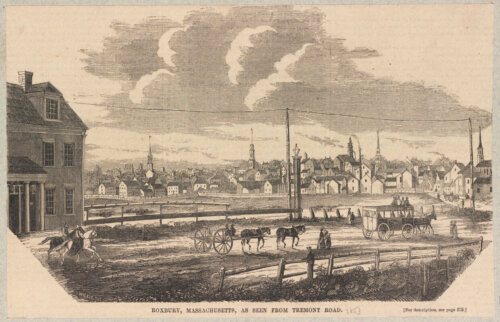 An engraving of a road in a town. There are church steeples in the background and various forms of transportation in the foreground: men on horseback, a horse drawn cart, walking, and a stagecoach.