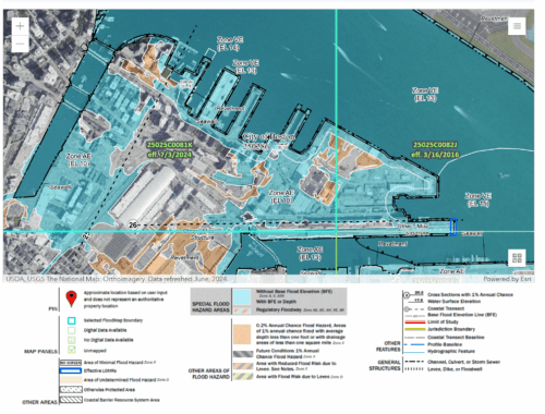 A map of the seaport showing most of the land a light blue or orange color. This indicates the likely hood of flood risk.