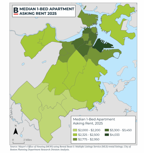 A map of the city of Boston showing median rent for each neighborhood. The Seaport neighborhood is the darkest color.