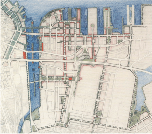 A map of the Seaport neighborhood with streets highlighted in red and open space or green space highlighted in green.