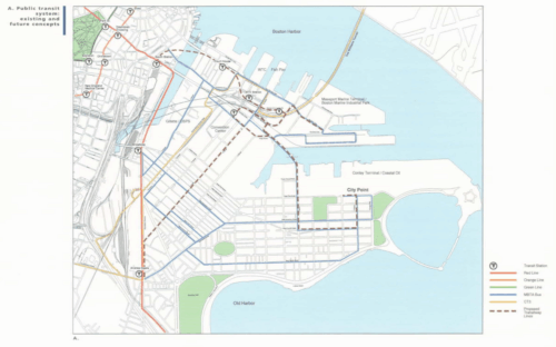A map of South Boston showing existing and proposed public transit routes.