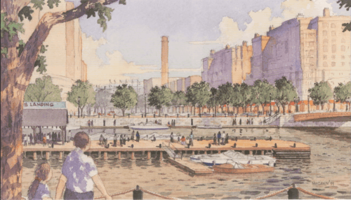 A water color illustration showing piers and docks next to tall buildings. There is a park in the center of the image.