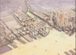An aerial watercolor illustration of a large waterfront section of a city.