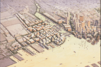 An aerial watercolor illustration of a large waterfront section of a city.