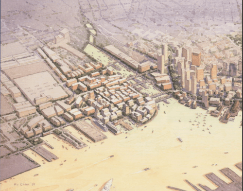 An aerial watercolor illustration of a large waterfront section of a city.