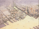 An aerial watercolor illustration of a large waterfront section of a city.