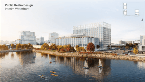 A computer illustration of a section of waterfront with several glass buildings on one bank. In the water are sail boats and kayaks.
