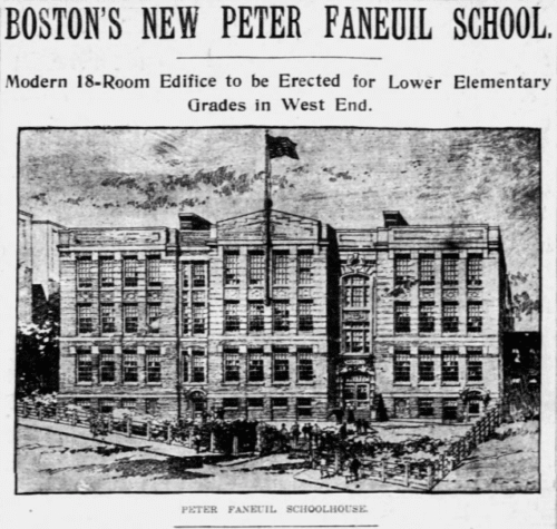 Newspaper clipping illustration showing the Peter Faneuil School.