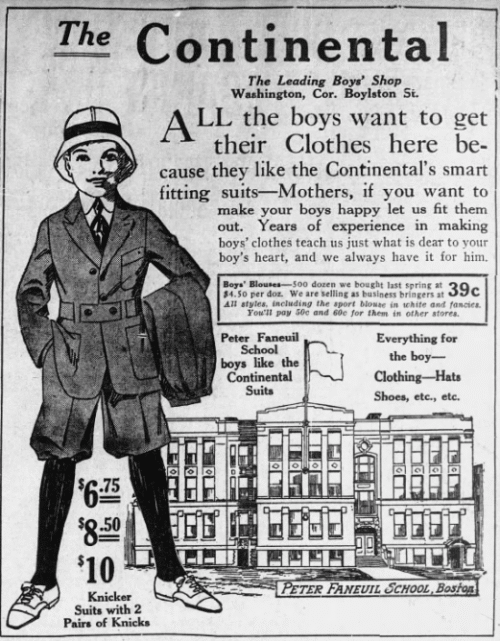 A newspaper clipping of an ad for a boys school clothes shop. There is an illustration of a boy wearing a suit with a school in the background.