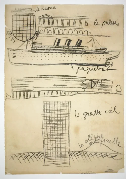 A sketch showing a palace, an ocean liner, and two versions of a skyscraper.