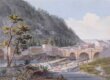 A color drawing showing a bridge over a canal with construction in the foreground. In the mid-ground is a town and in the background is a tall hill.