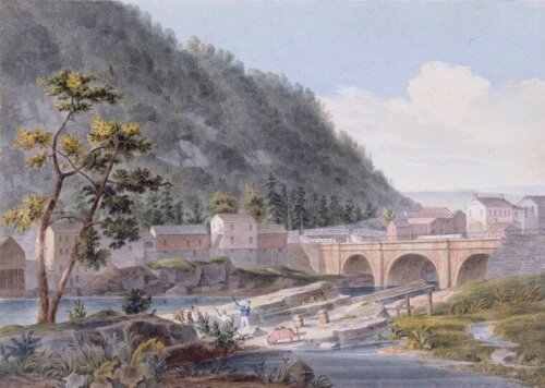 A color drawing showing a bridge over a canal with construction in the foreground. In the mid-ground is a town and in the background is a tall hill.