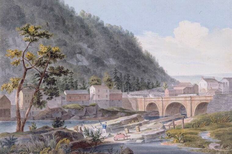 A color drawing showing a bridge over a canal with construction in the foreground. In the mid-ground is a town and in the background is a tall hill.