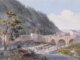 A color drawing showing a bridge over a canal with construction in the foreground. In the mid-ground is a town and in the background is a tall hill.