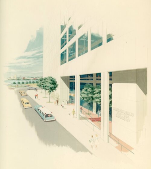 An architectural illustration showing the shaded walkway around a building while cars drive in front.