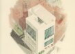 An architectural illustration showing a tall white concrete building standing over a smaller structure with brick structures around it.