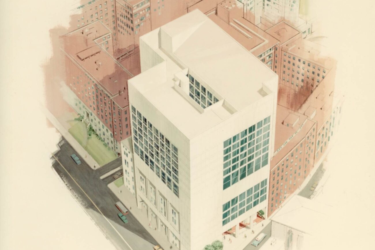 An architectural illustration showing a tall white concrete building standing over a smaller structure with brick structures around it.