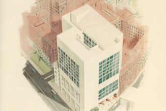 An architectural illustration showing a tall white concrete building standing over a smaller structure with brick structures around it.