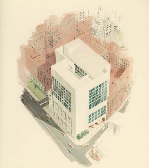 An architectural illustration showing a tall white concrete building standing over a smaller structure with brick structures around it.