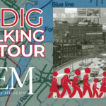 A map background. In the foreground is a group of people walking over a photo of a black and white highway.