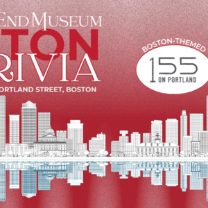 A red gradient background with a silhouette of the Boston skyline and its reflection in the water. The title says Boston Trivia