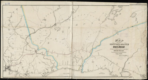A map with East on the top showing the coast of Massachusetts, New Hampshire, and Maine showing a railroad route.
