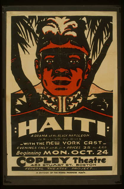 A screen printed poster with a central figure of a Black man in military dress with palm trees behind him.