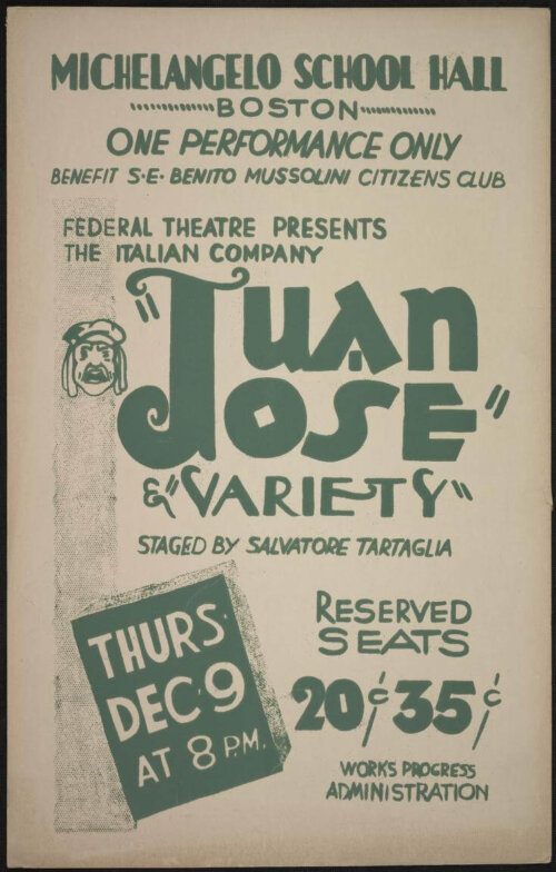 A poster showing green text with the title Juan Jose and Variety. There is a small caricature image in next to the title.