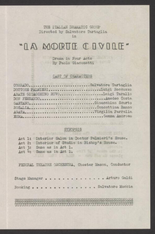 A page of a theatre program with the cast and act locations in English.