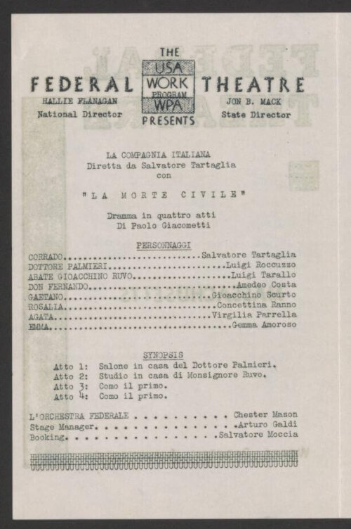 A page of a theatre program with the cast and act locations in Italian.
