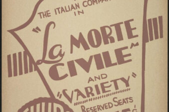 A poster with a central shield with the title "La Morte Civile" and "Variety".