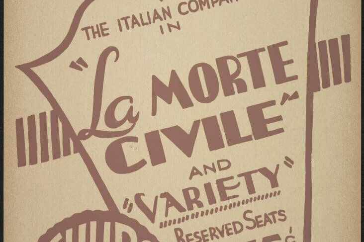 A poster with a central shield with the title "La Morte Civile" and "Variety".