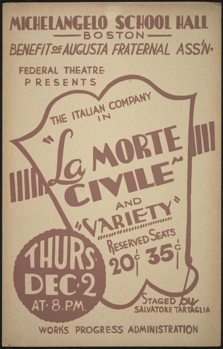 A poster with a central shield with the title "La Morte Civile" and "Variety".