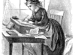 An illustration of a woman at a writing table with papers all around her.