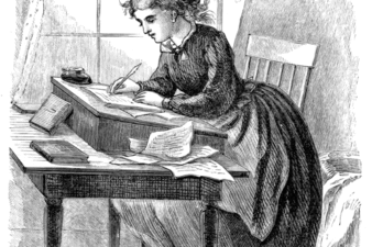 An illustration of a woman at a writing table with papers all around her.