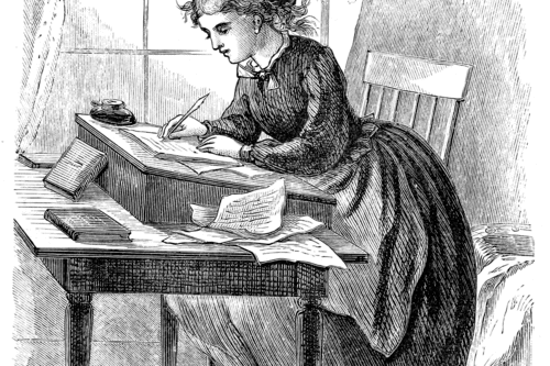 An illustration of a woman at a writing table with papers all around her.