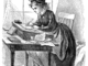 An illustration of a woman at a writing table with papers all around her.