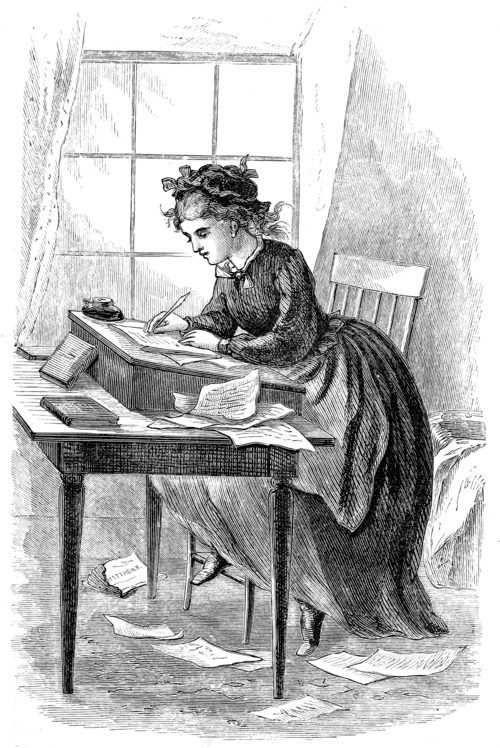 An illustration of a woman at a writing table with papers all around her.