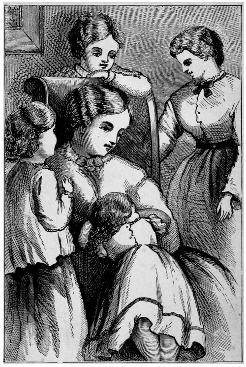 An illustration of four girls surrounding their mother in a chair while the smallest lies in her lap.