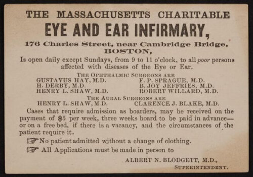 An advertising card that shows the doctors employed by and eye and ear hospital.