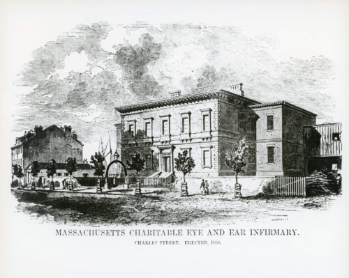 An illustration of a two story stone building with a fence in front.