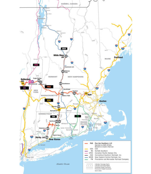 A map of New England showing railroads and highways in multiple colors.