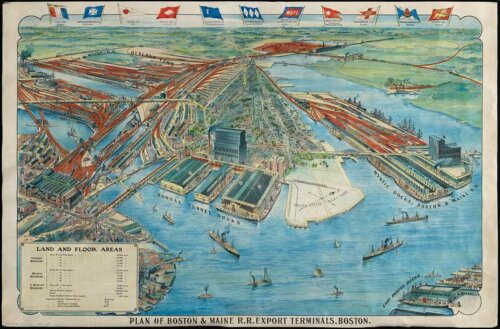 A colorful postcard showing Charlestown in Boston covered in train tracks with flags along the top edge.