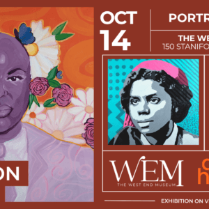 A brown poster with three color paintings. They are a black woman in a purple suite. A black woman in a pink hair wrap. A black man sitting on city street wearing a blue jacket.