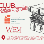 A linen colored background with a stack of books on the right and red text saying "Book Club: the Raisin Cycle" on the left.
